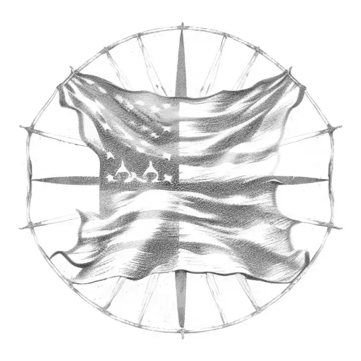 Above the frigate's tallest mast, a tattered and weathered old flag (bandera) flutters in the wind. The flag bears a sig tattoo design idea