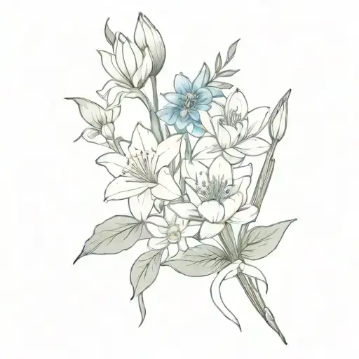 water Lilly,daffodil,larkspur,gladiolus in a bouquet with a bow and the stem of the bouquet is ogham writing saying love tattoo design idea