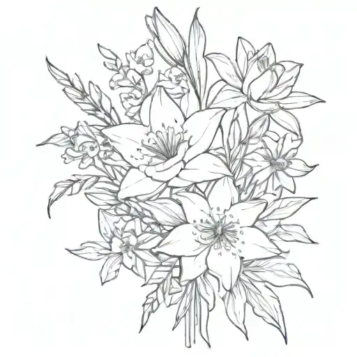 waterlilly, daffodil,larkspur and gladiolus in a bouquet tied with a bow and the stem is ogham writing saying love tattoo design idea