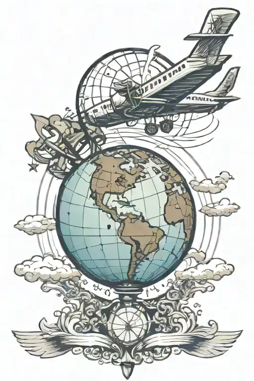 globe and airplane flying over a world tattoo design idea