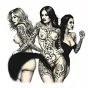 group of beautiful women posing nude full body hourglass figures smiling mischievously looking behind shoulder tattoo design idea