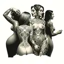 group of beautiful women posing nude full body hourglass figures smiling mischievously looking behind shoulder tattoo design idea