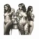 group of beautiful women posing nude full body hourglass figures smiling mischievously looking behind shoulder tattoo design idea