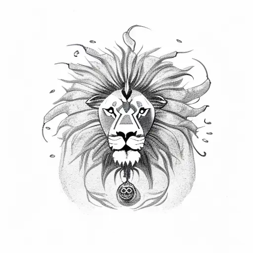 Lion with a scorpion near its ear and fish in a bowl around its neck tattoo design idea