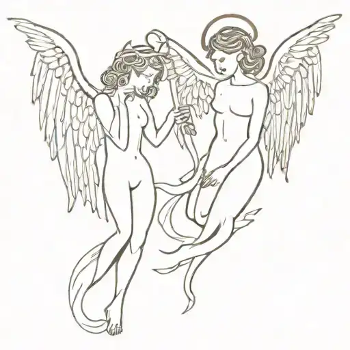 devil with horns and wings and an Angel with wings an a glorie   tattoo design idea
