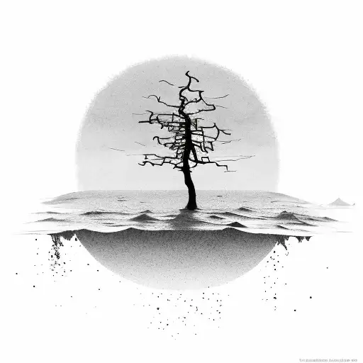 A lone tree standing tall in the middle of a vast sea, representing strength and solitude life and courage tattoo design idea