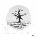 A lone tree standing tall in the middle of a vast sea, representing strength and solitude life and courage tattoo design idea