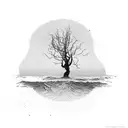 A lone tree standing tall in the middle of a vast sea, representing strength and solitude tattoo design idea
