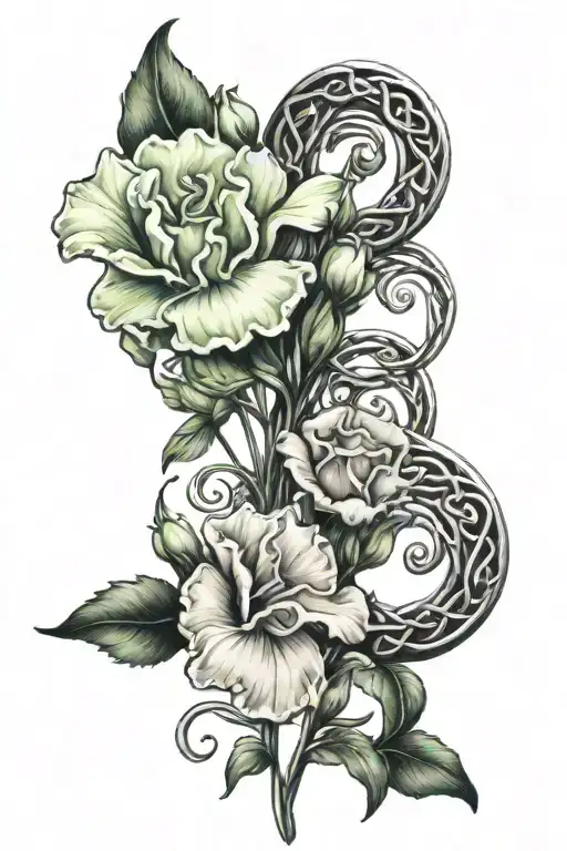 carnation and sweet pea flowers with Celtic knot for mother and daughter tattoo design idea