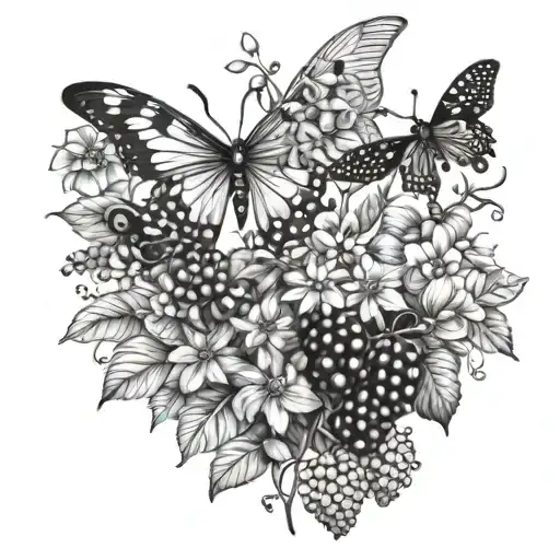 A mystical forest scene with blackberry bushes, ladybugs, and butterflies intertwined with flowers tattoo design idea