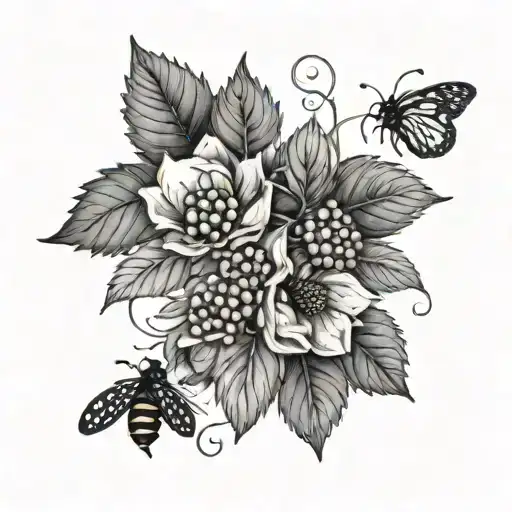 A delicate bouquet of flowers with hidden ladybugs and blackberries peeking out among the petals tattoo design idea