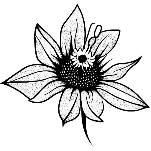flower bouquet with a thistle, larkspur and morning glory flowers outline, black and white minimalistic  tattoo design idea