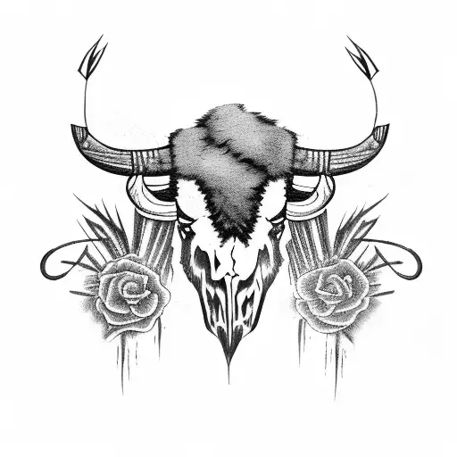 bison skull with sagebrush tattoo design idea