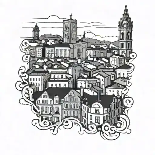 Lisbon blue ceramic tile, Barcelona cityscape tattoo design idea