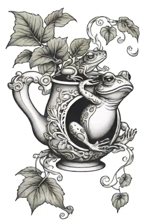 frog in a teapot with ivy vines tattoo design idea