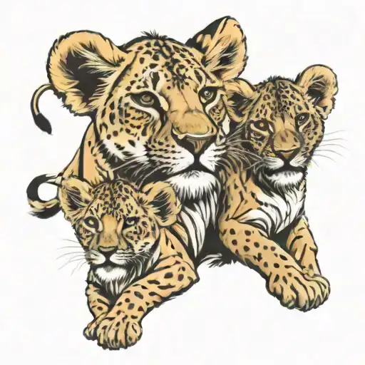 lion cubs 3 and 1 male lion with 1 female lion roaring tattoo design idea