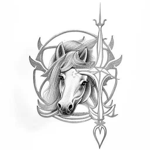 A dotwork tattoo of a horse and angel intertwined in a religious symbol tattoo design idea