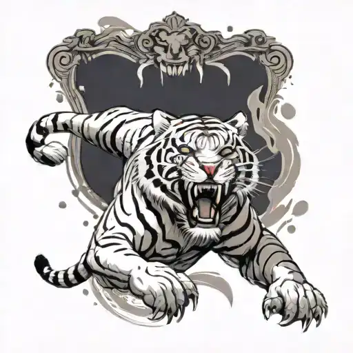A white tiger roaring triumphantly over a defeated opponent in a mixed martial arts match, capturing the essence of victory and dominance tattoo design idea