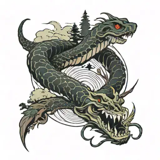 Long Serpent Stretching Out Over a big landscape, In The Last Biome, A Dagger Within A small serpent Skull.. tattoo design idea