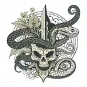 Long serpent stretching out over three different biomes, in the last biome, a dagger within a skull of a similar serpent tattoo design idea