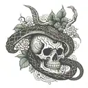 Long serpent stretching out over three different biomes, in the last biome, a dagger within a skull of a similar serpent tattoo design idea