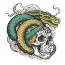 Long serpent stretching out over three different biomes, in the last biome, a dagger within a skull of a similar serpent tattoo design idea