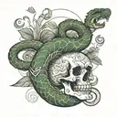 Long serpent stretching out over three different biomes, in the last biome, a dagger within a skull of a similar serpent tattoo design idea