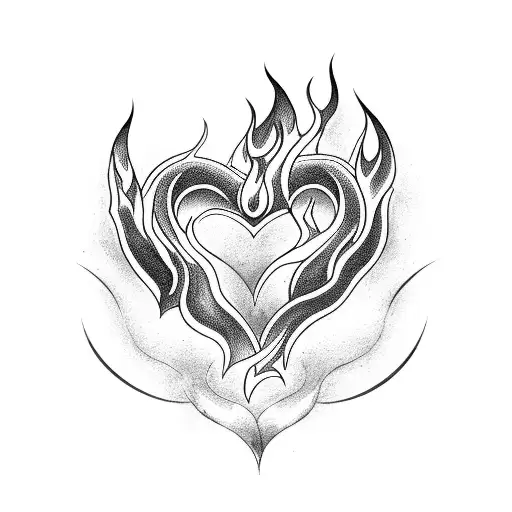 burn a bent lettering with heart and flame tattoo design idea