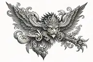 a sun rise and a garuda and vajra the weapon of lord indra as a bicep band tattoo black and white , hindu inspired and t tattoo design idea