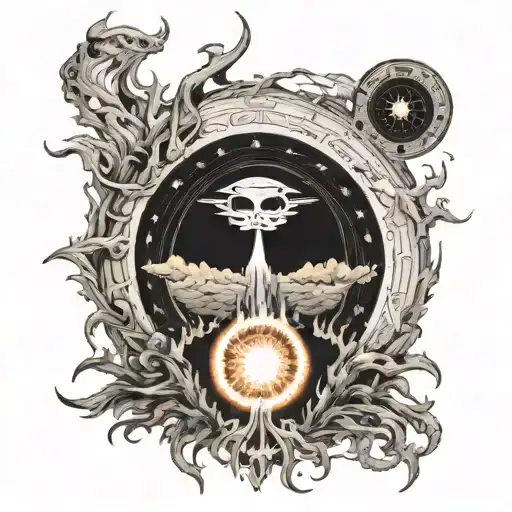 white sun on white fire with tunnel/vessel in the universe, silloutte of people lightly faded with two men silhouette's  tattoo design idea