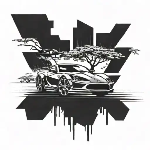 Incorporate a sleek sports car with a money tree growing out of the hood tattoo design idea