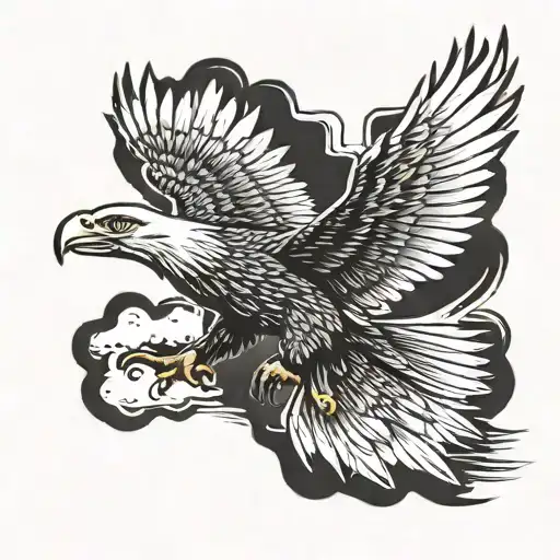 A majestic eagle flying over the Punjab landscape, carrying a traditional Punjabi sword in its talons tattoo design idea