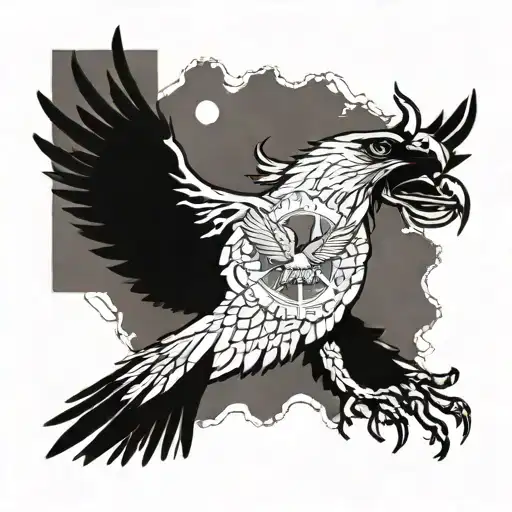 a majestic eagle flying over punjab map and the punjab map has a warriors hand holding a sword and wheat growingfromside tattoo design idea