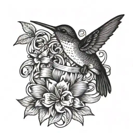 hummingbird holding ribbon that says "forever young" tattoo design idea