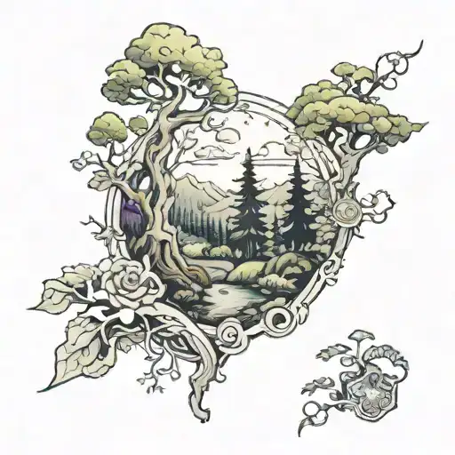 A tattoo design of a mystical forest scene with hidden references to your favorite PC games subtly incorporated throughout the landscape tattoo design idea