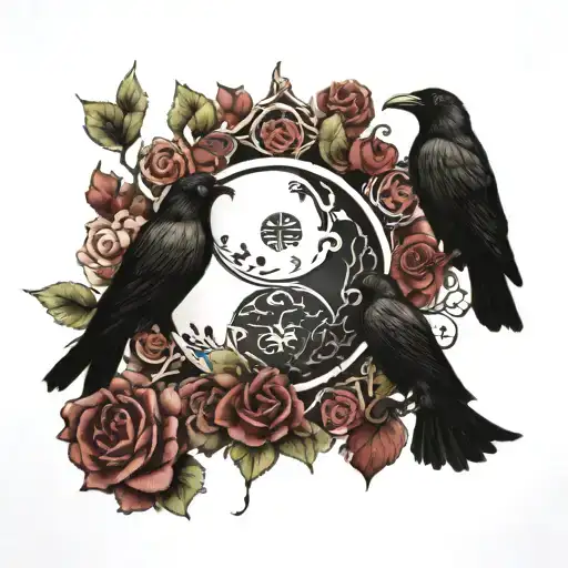 ying yang with roses, a willow tree, add blueberry and a crow  tattoo design idea