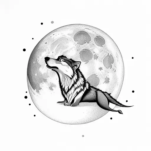 Wolf with women, moon, cosmos and planets tattoo design idea