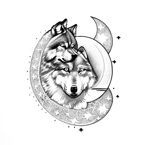 Wolf with womens, moon, cosmos and planets tattoo design idea