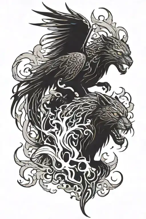phoenix and black panther on top with flames all around tattoo design idea