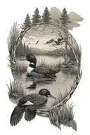 loons on a lake with nature background and sky  tattoo design idea