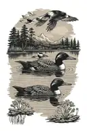 loons on a lake with nature background and sky  tattoo design idea