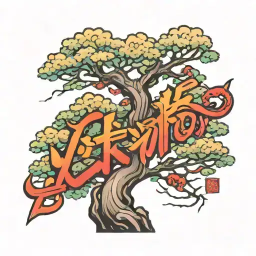 YOKOMIZO word embedded in Japanese trees tattoo design idea