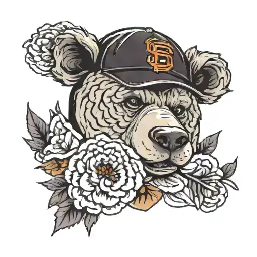 bear. san francisco giants hat, carnations    tattoo design idea