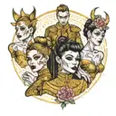 four people in gold glitter outfits  tattoo design idea