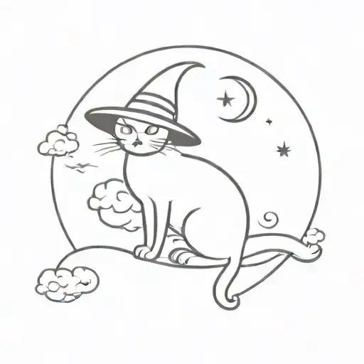 simplistic cat, moon, clouds, witch hat tattoo design idea