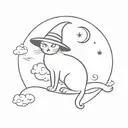 simplistic cat, moon, clouds, witch hat tattoo design idea