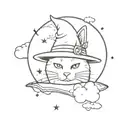 simplistic cat, moon, clouds, witch hat tattoo design idea