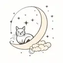 simplistic cat, moon, clouds, witch hat tattoo design idea