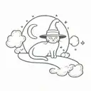 simplistic cat, moon, clouds, witch hat tattoo design idea