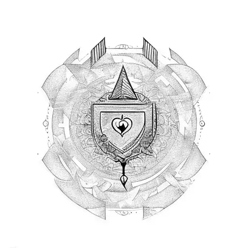 a series of symbols in a row that include a key, an arrow, an Ace of hearts card, marigold,  tattoo design idea
